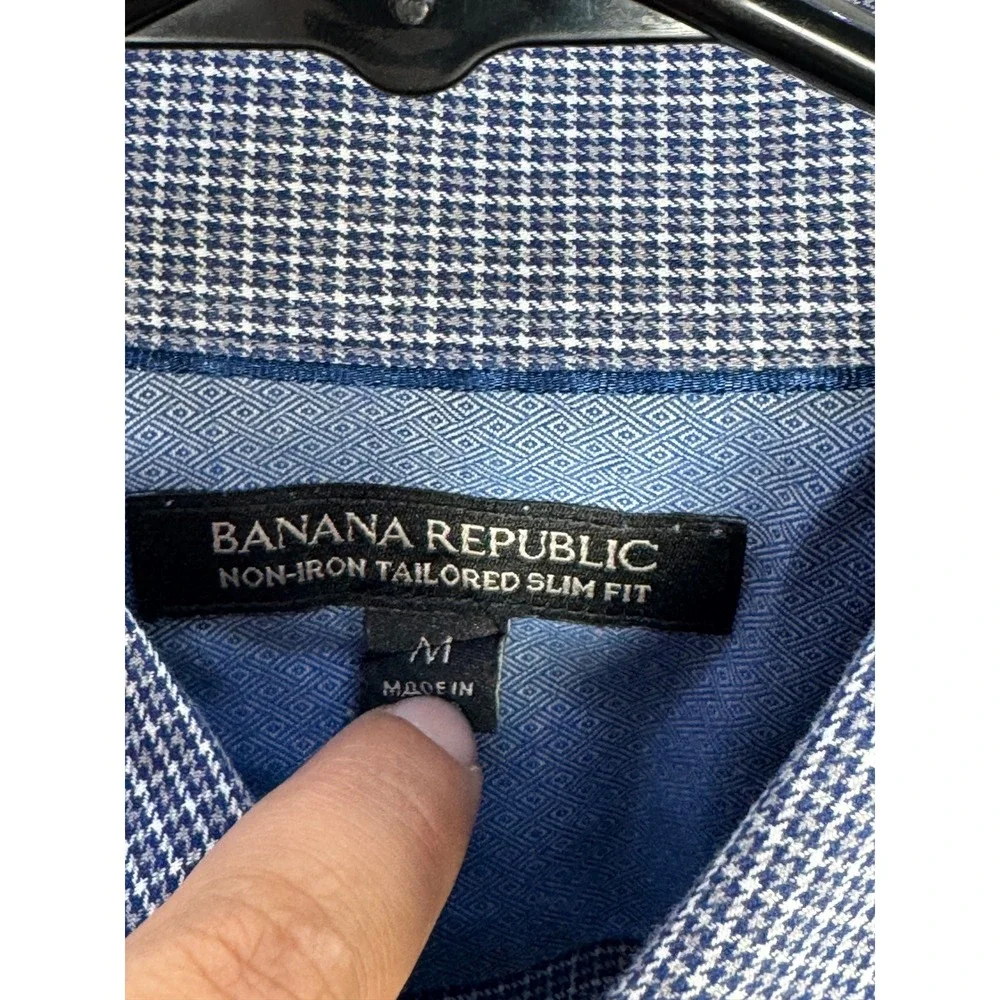 Banana Republic Mens Non-Iron Tailored Slim Fit Shirt Blue Houndstooth Medium